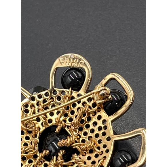 Trina Turk Signed Designer Black Beaded Gold Plated Large Cluster Brooch - Picture 6 of 9